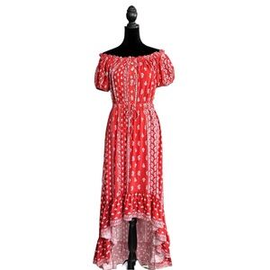 Medium Forever21 Red Ornate Off-the-Shoulder Maxi Dress